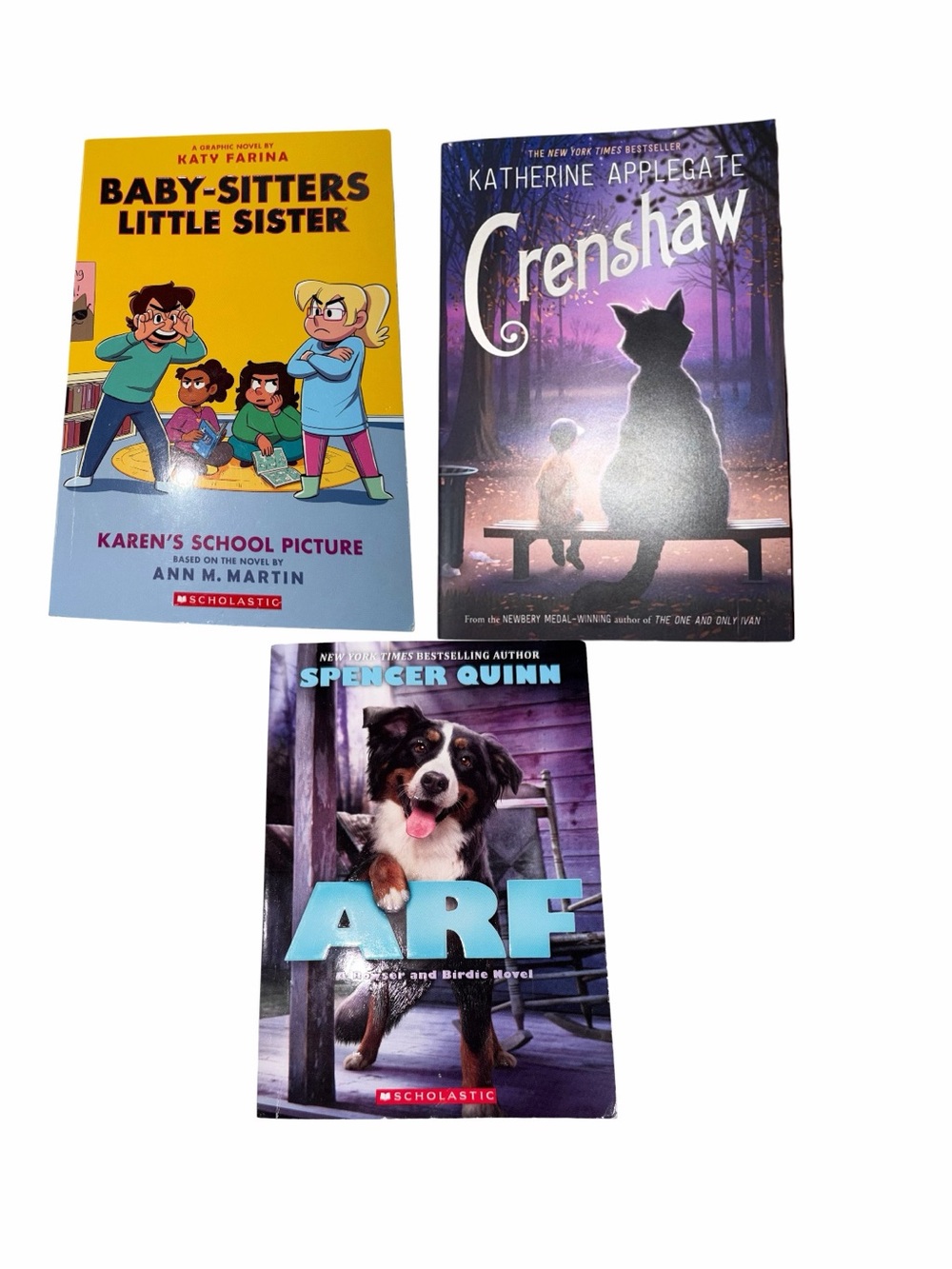 Lot of 3 Books (7-12 yrs): “Arf”, “Crenshaw”, and “Baby-Sitters Little Sister”